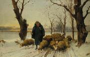 Schafer mit seinen Schafen im Schnee unknow artist